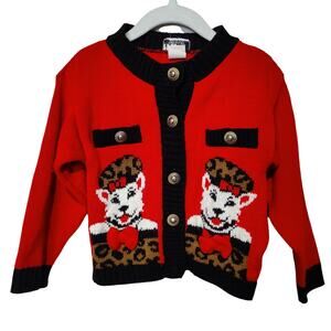Vintage Jetset Girls Sz 4T Red Dog Cardigan Sweater Gold Buttons Terrier